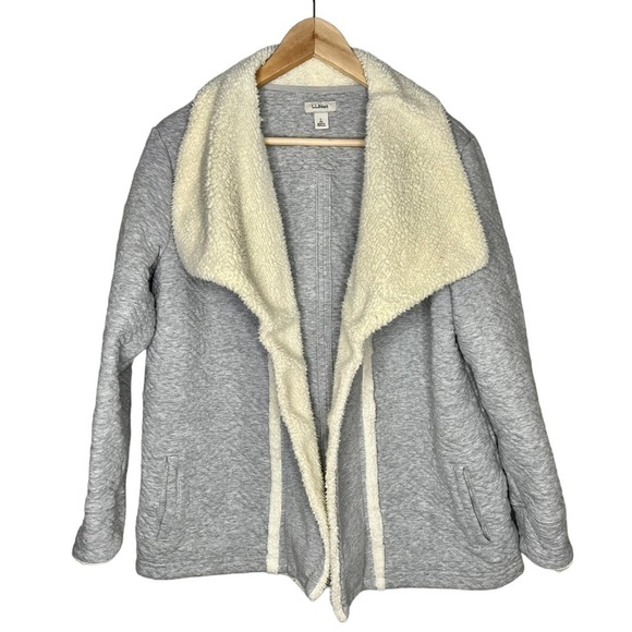 L.L. Bean Womens gray quilted Sherpa Lined cardigan Jacket Sz L - Picture 2 of 8